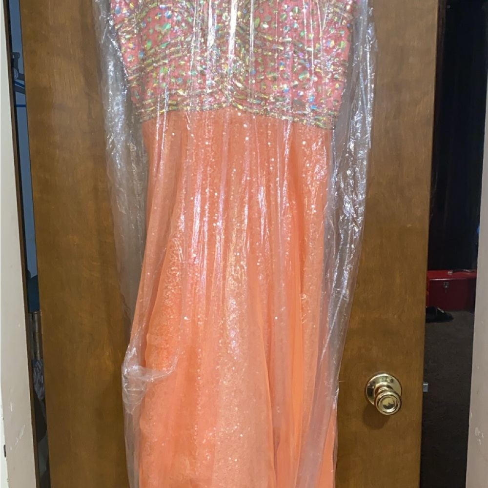 Embellished Orange Strapless Prom Gown
